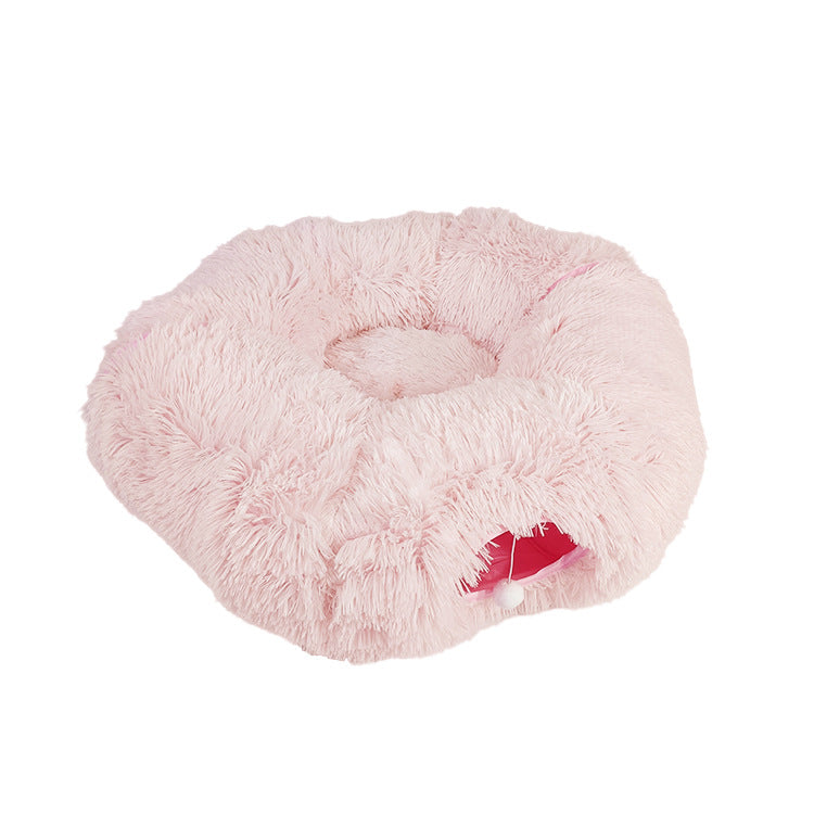 Donut tunnel plush cat bed with hanging ballock