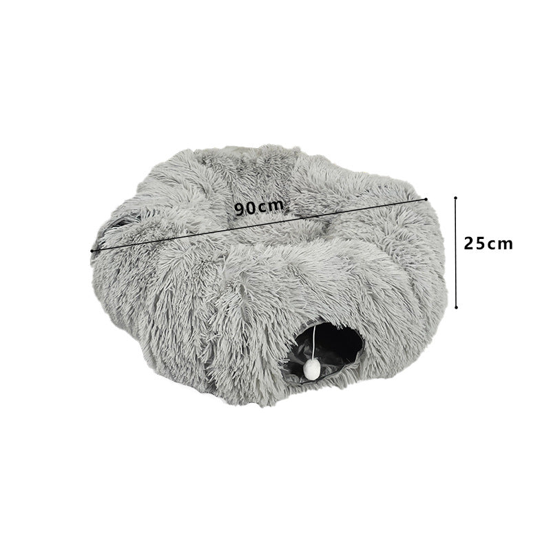 Donut tunnel plush cat bed with hanging ballock