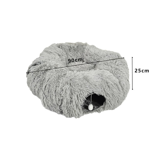Donut tunnel plush cat bed with hanging ballock