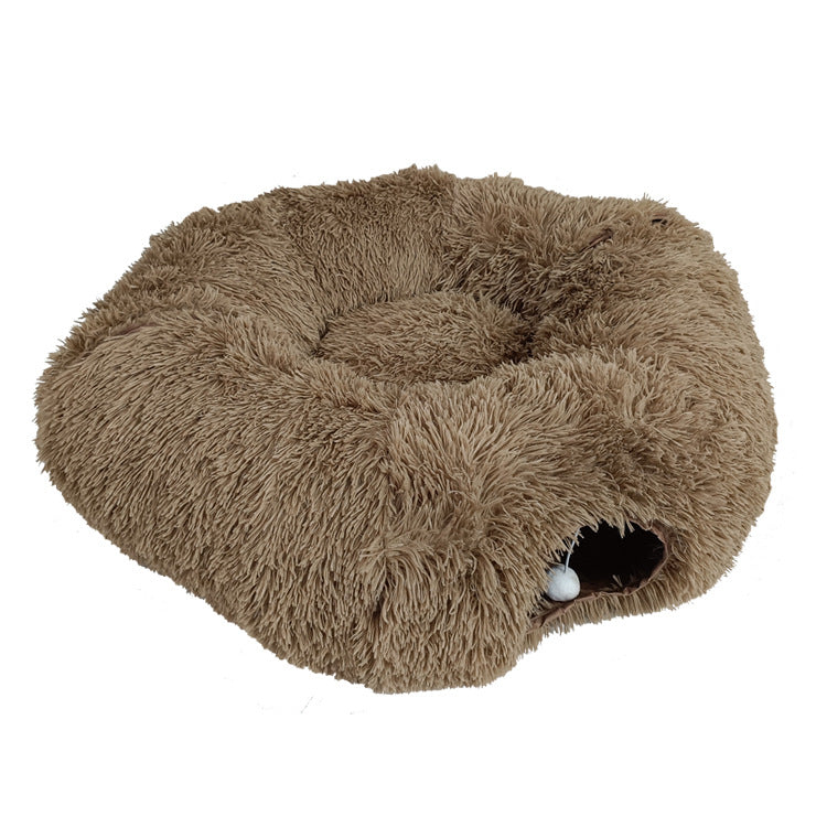 Donut tunnel plush cat bed with hanging ballock