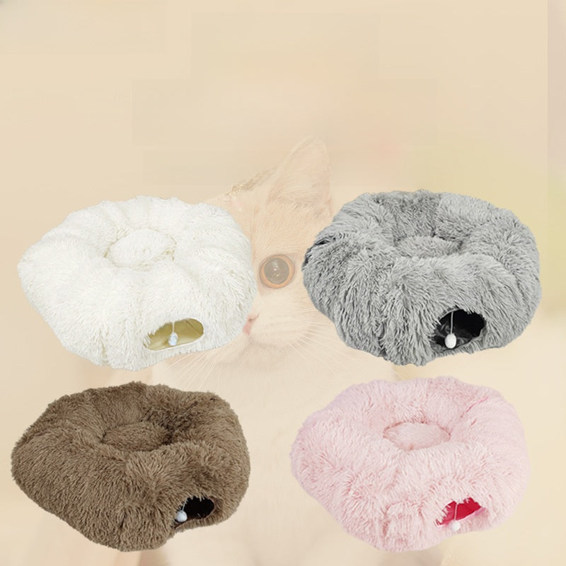 Donut tunnel plush cat bed with hanging ballock