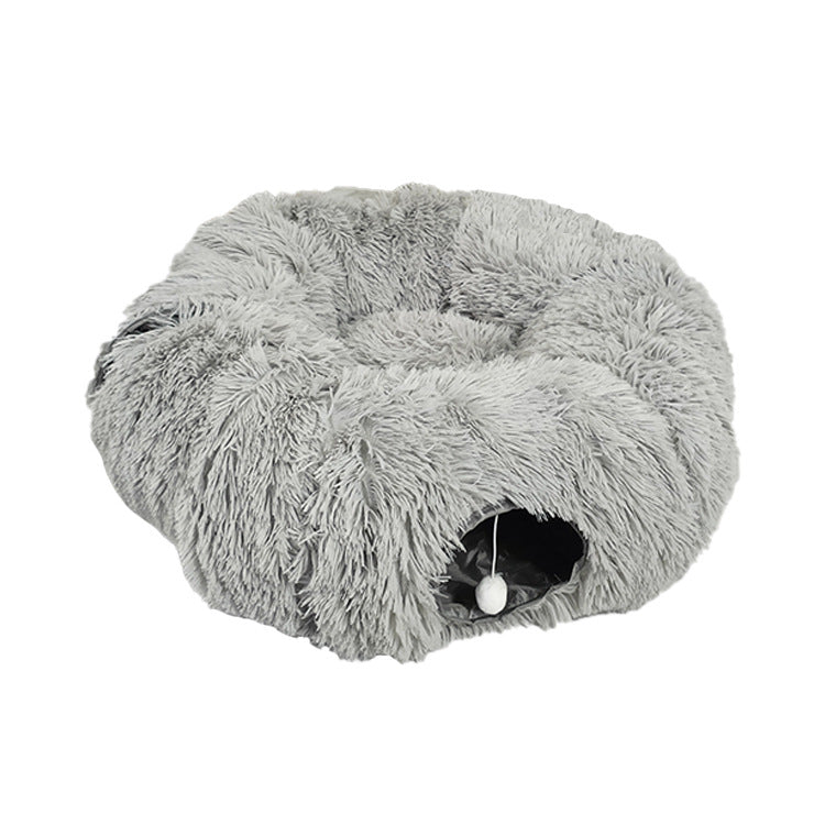 Donut tunnel plush cat bed with hanging ballock