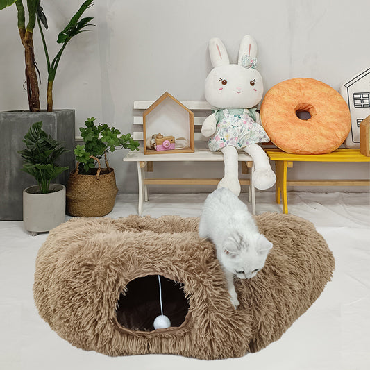 Donut tunnel plush cat bed with hanging ballock