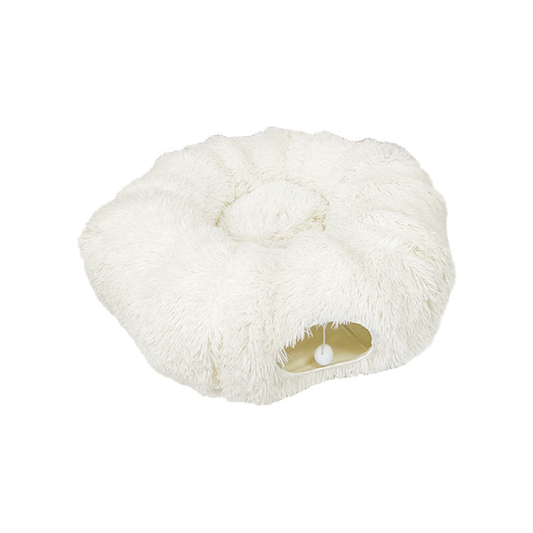 Donut tunnel plush cat bed with hanging ballock